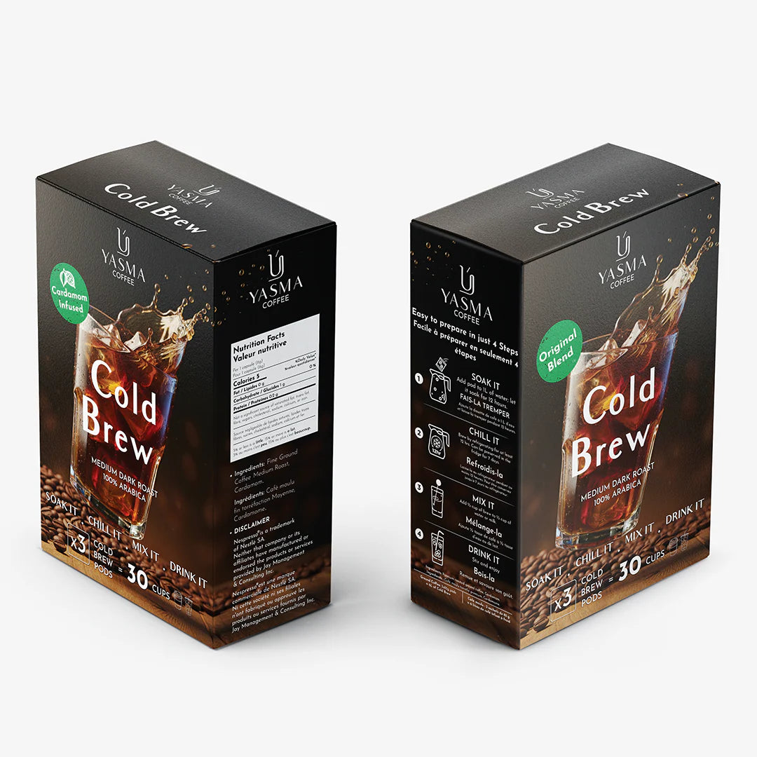 YASMA Cold Brew Coffee – Original Blend & Cardamom Infused | 30 Cups (3 Pods)