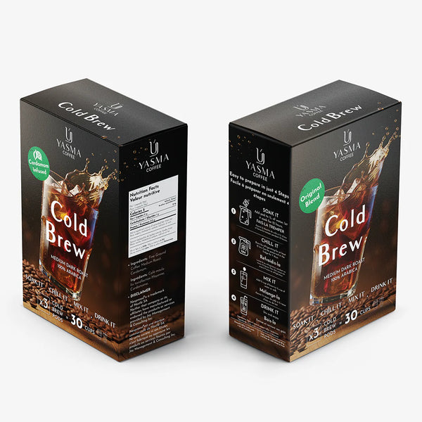YASMA Cold Brew Coffee – Original Blend & Cardamom Infused | 30 Cups (3 Pods)