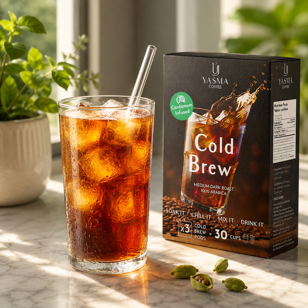 YASMA Cold Brew Coffee – Original Blend & Cardamom Infused | 30 Cups (3 Pods)