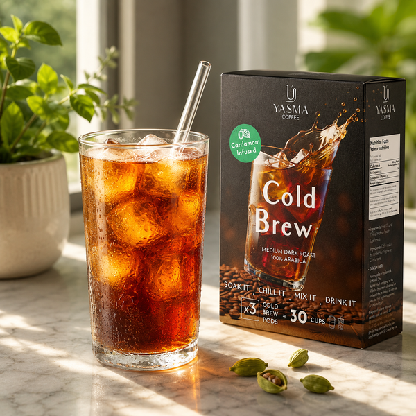 YASMA Cold Brew Coffee – Original Blend & Cardamom Infused | 30 Cups (3 Pods)