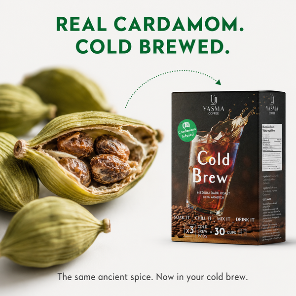 YASMA Cold Brew Coffee – Original Blend & Cardamom Infused | 30 Cups (3 Pods)