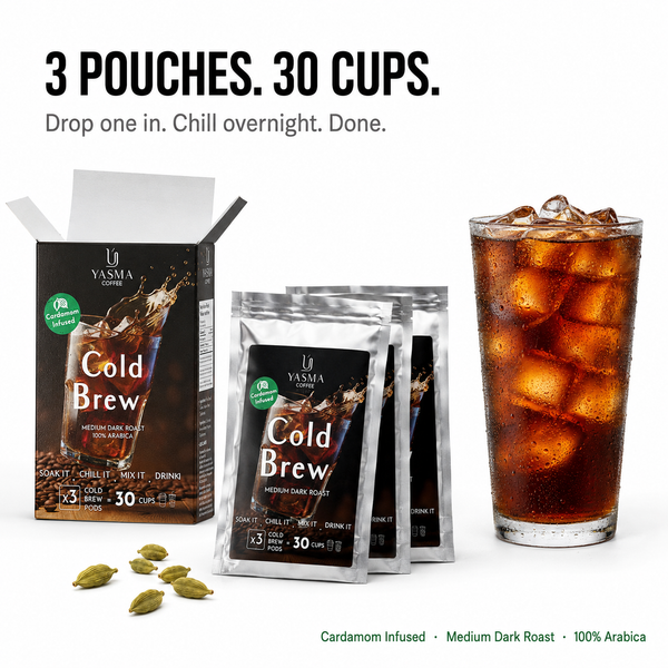 YASMA Cold Brew Coffee – Original Blend & Cardamom Infused | 30 Cups (3 Pods)