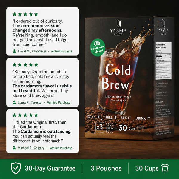 YASMA Cold Brew Coffee – Original Blend & Cardamom Infused | 30 Cups (3 Pods)